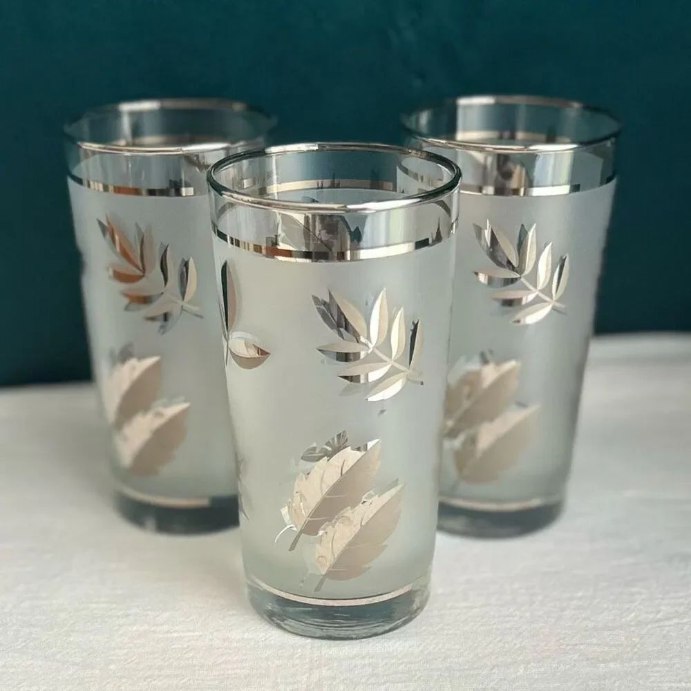 MCM Silver Leaf by LIBBEY GLASS COMPANY 12oz Flat Tumblers Set of 3